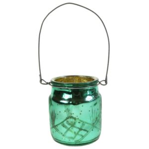 Turquoise hanging tea light holder made from recycled glass available from Shiny Happy Eco