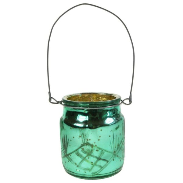 Turquoise hanging tea light holder made from recycled glass available from Shiny Happy Eco