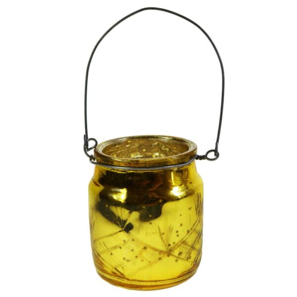 Fair trade wire hanging tea light holder made from recycled glass in yellow/gold from Shiny Happy Eco