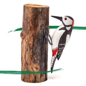 Wooden Spotted Woodpecker ornament with male colourings perched on a pice of driftwood and available to buy from Shiny Happy Eco