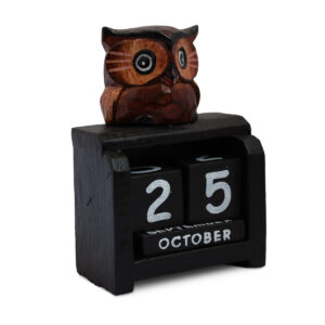 Dark brown owl on black perpetual calendar available from Shiny Happy Eco