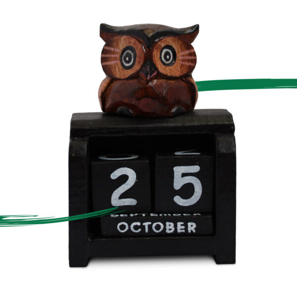 Front view of a Dark brown owl on black perpetual calendar available from Shiny Happy Eco