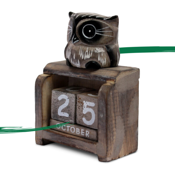 Perpetual calendar ornament with pale brown owl sat on top available from Shiny Happy Eco