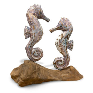 Pair of wooden seahorses on driftwood ornament available from Shiny Happy Eco