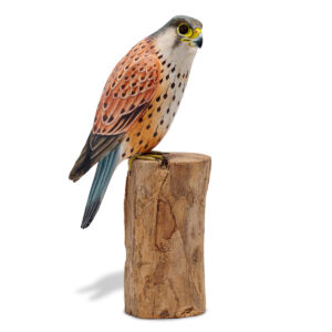 Wooden kestrel ornaments, hand carved and hand painted available from Shiny Happy Eco