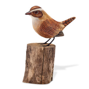 Hand carved and painted Wooden Wren Ornament on driftwood available from Shiny Happy Eco.