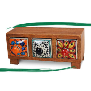 Wooden mini chest of 3 ceramic colourful drawers from Shiny Happy Eco