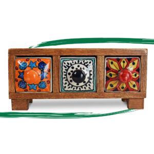 Front view of wooden mini chest of 3 ceramic colourful drawers from Shiny Happy Eco