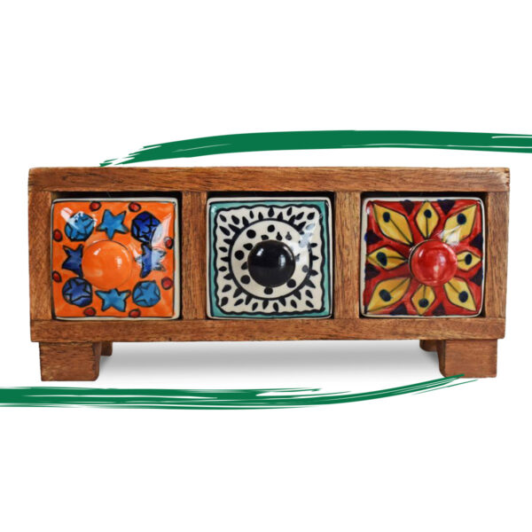 Front view of wooden mini chest of 3 ceramic colourful drawers from Shiny Happy Eco