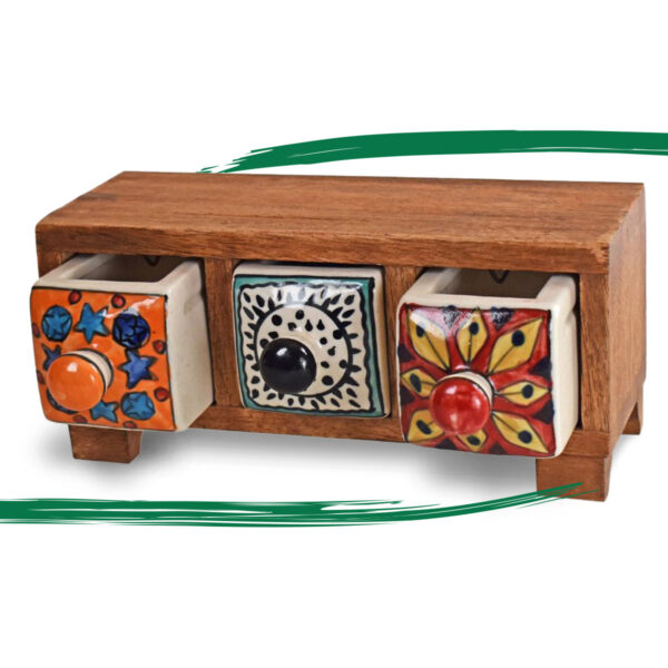 Image showing two of three drawers open from our wooden mini chest of 3 ceramic colourful drawers from Shiny Happy Eco