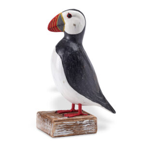 Wooden Puffin ornament, hand made and painted in a rustic style and available from Shiny Happy Eco.