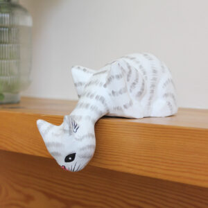 Cat looking off mantlepiece ornament - Hand painted white and grey cat ornaments available to buy from Shiny Happy Eco.