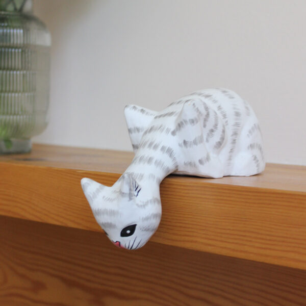 Side view of Cat looking off shelf ornament - Hand painted white and grey cat ornaments available to buy from Shiny Happy Eco.