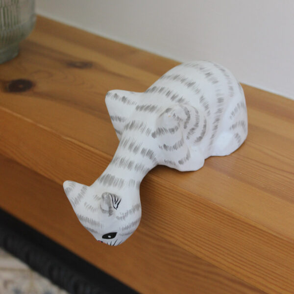 Top side view of Cat looking off shelf ornament - Hand painted white and grey cat ornaments available to buy from Shiny Happy Eco.
