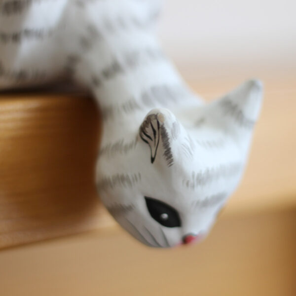 Close up of the head of Cat looking off shelf ornament - Hand painted white and grey cat ornaments available to buy from Shiny Happy Eco.