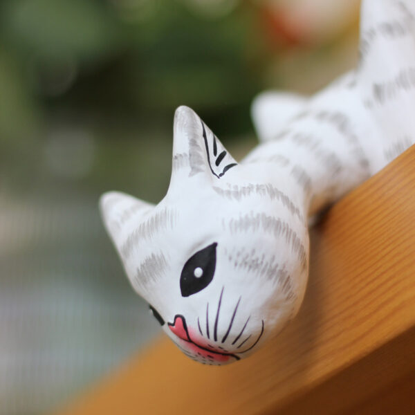 Cat looking off shelf ornament - Hand painted white and grey cat ornaments available to buy from Shiny Happy Eco.