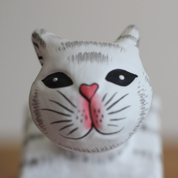 Head view of Cat looking off shelf ornament - Hand painted white and grey cat ornaments available to buy from Shiny Happy Eco.