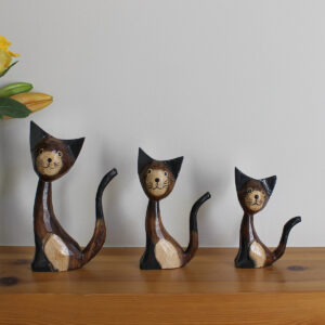 Front view of Wooden Cat Ornaments - Set of 3 - Cartoon novelty ornament from Shiny Happy Eco