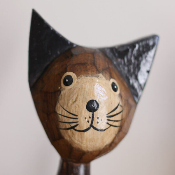 Close up of a single head from our Wooden Cat Ornaments - Set of 3 - Cartoon novelty ornament from Shiny Happy Eco