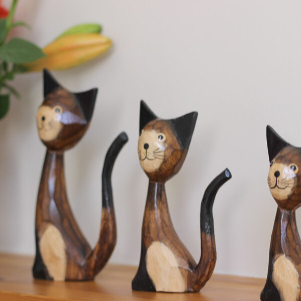 Wooden Cat Ornaments on a mantlepiece - Set of 3 - Cartoon novelty ornament from Shiny Happy Eco