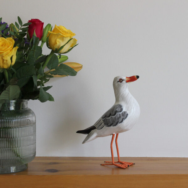 Wooden Painted Seagull with flowers - hand made and hand painted. Available from Shiny Happy Eco.
