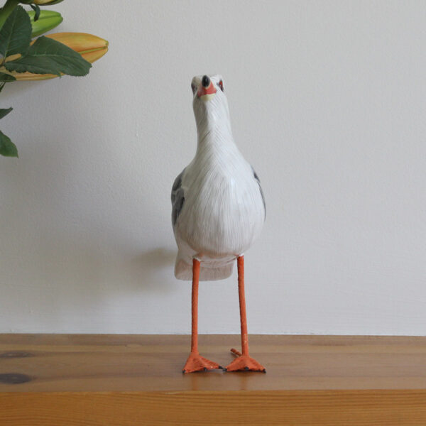 Front view of a Wooden Painted Seagull ornament - hand made and hand painted. Available from Shiny Happy Eco.