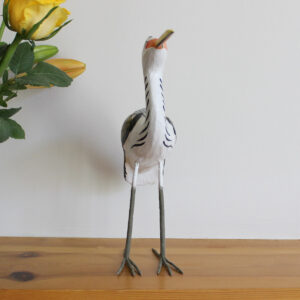 Front view of Wooden Heron ornament handmade and hand painted available from Shiny Happy Eco.