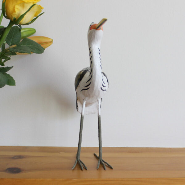 Front view of Wooden Heron ornament handmade and hand painted available from Shiny Happy Eco.