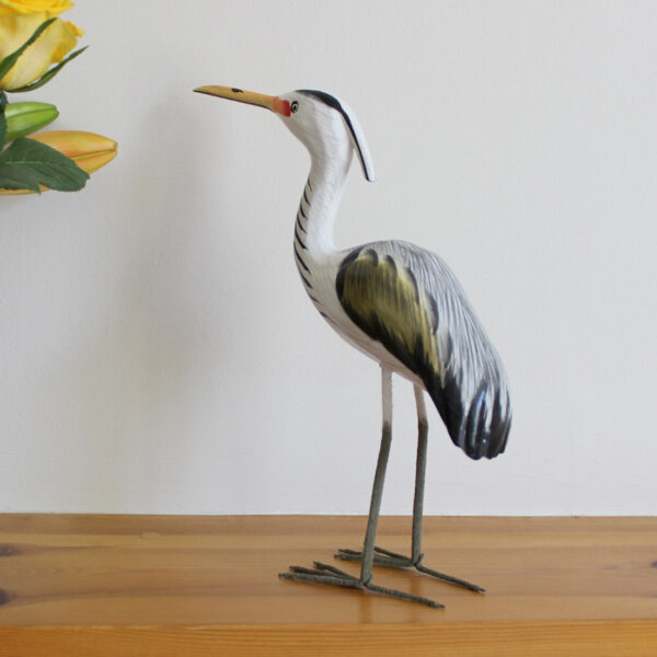 Wooden Heron ornament hand made and hand painted available from Shiny Happy Eco.