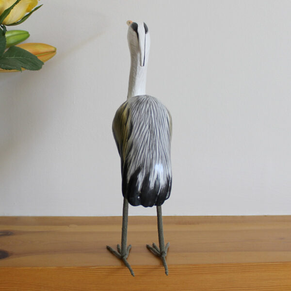 Rear view of Wooden Heron ornament handmade and hand painted available from Shiny Happy Eco.