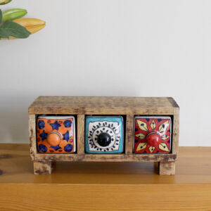 Front view of Wooden mini chest of 3 colourful ceramic drawers from Shiny Happy Eco