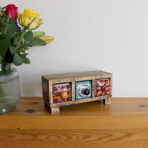 Wooden mini chest of 3 colourful hand painted ceramic drawers from Shiny Happy Eco