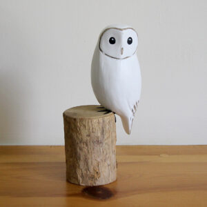 Wooden Snowy Owl ornament hand carved and painted from Shiny Happy Eco