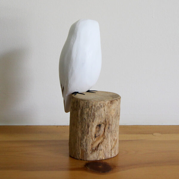Rear side view of Wooden Snowy Owl ornament hand carved and painted from Shiny Happy Eco