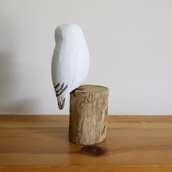 Wooden Snowy Owl ornament hand carved and painted on mantelpiece available from Shiny Happy Eco