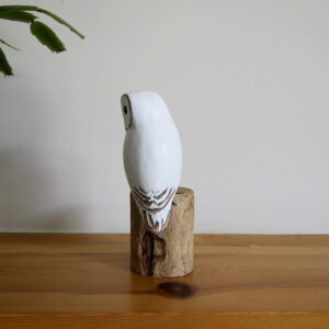 Rear view of Wooden Snowy Owl ornament hand carved and painted from Shiny Happy Eco