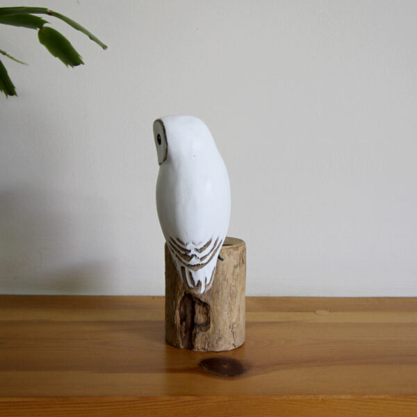 Rear view of Wooden Snowy Owl ornament hand carved and painted from Shiny Happy Eco