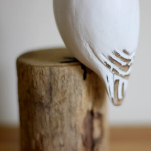 Close up of tail of Wooden Snowy Owl ornament hand carved and painted from Shiny Happy Eco