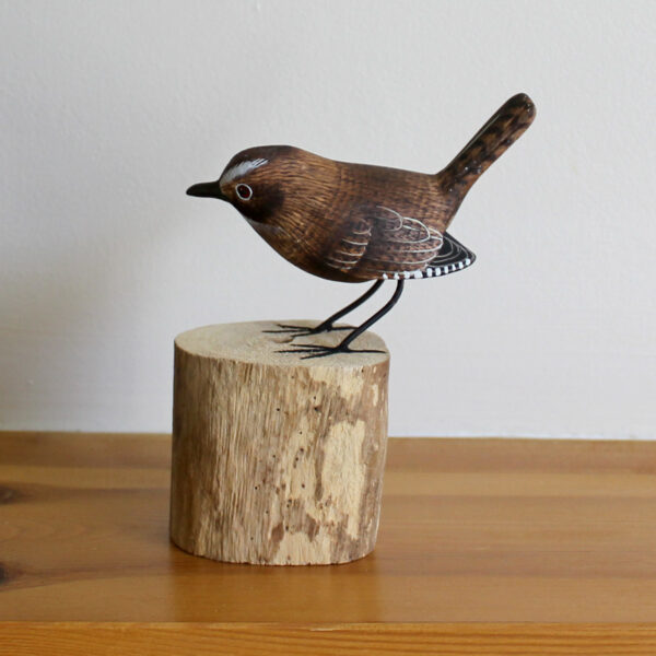 Hand carved and painted Wooden Wren Ornament on driftwood stand available from Shiny Happy Eco.