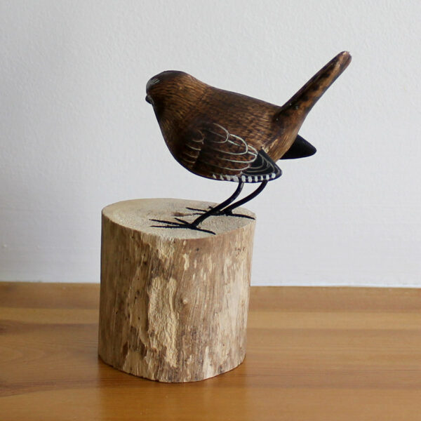 Wooden Wren Ornament on driftwood handmade and painted available from Shiny Happy Eco.