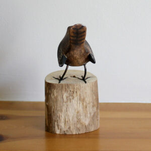 Rear view of Hand carved and painted Wooden Wren Ornament on driftwood available from Shiny Happy Eco.