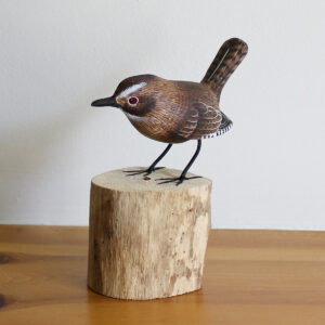 Wooden Wren Ornament hand carved and hand painted on driftwood available from Shiny Happy Eco.