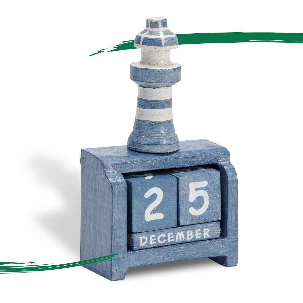 Lighthouse perpetual calendar blue and white stripes available from Shiny Happy Eco.