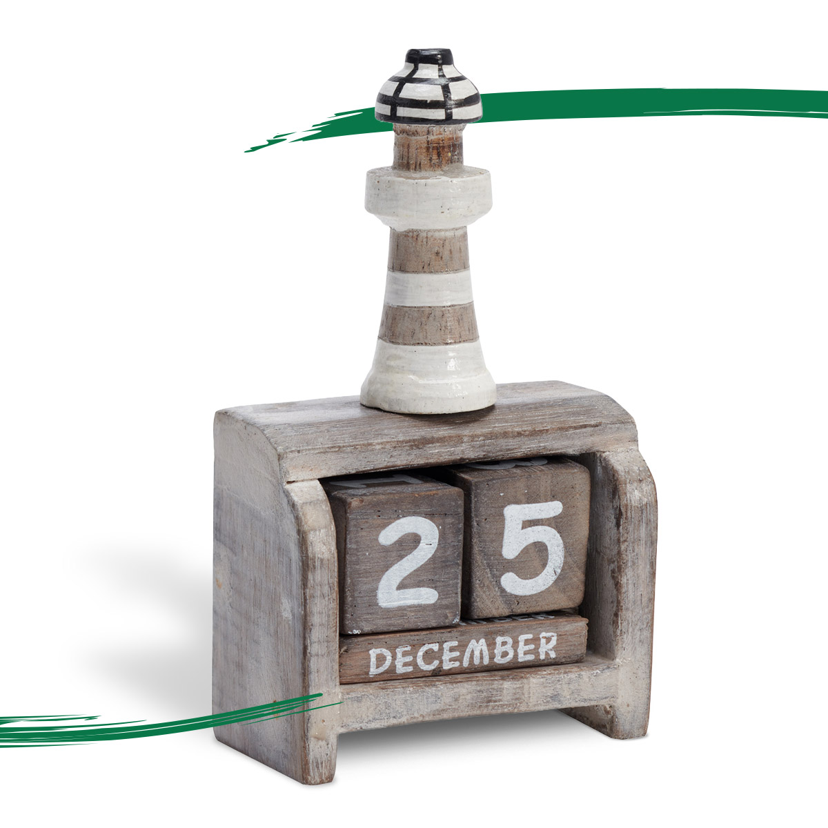 Lighthouse perpetual calendar brown and white stripes available from Shiny Happy Eco.